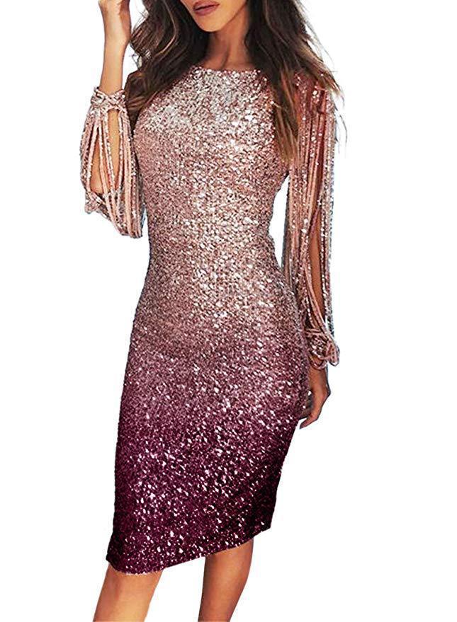 Tassel Long Sleeve Gradient Sequin Dinner Dress