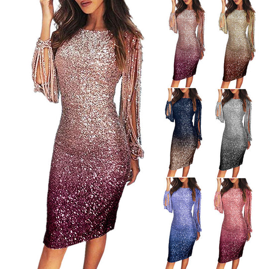 Tassel Long Sleeve Gradient Sequin Dinner Dress