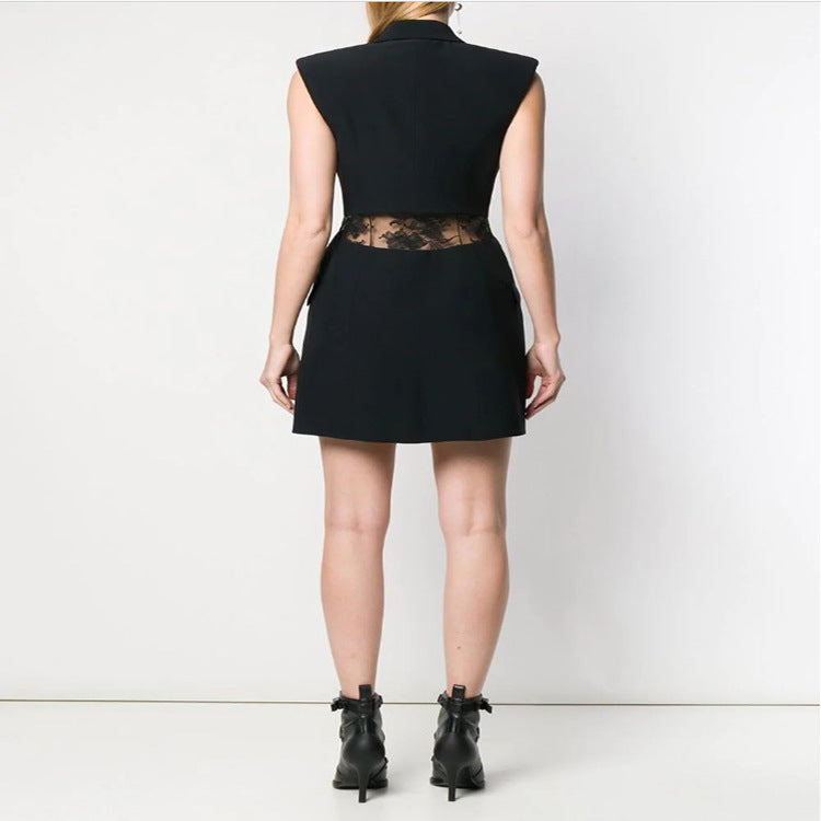 Vest Dress Summer New Commute Double Breasted Slim Dresses For Women Back Splicing Lace Perspective Sexy Black Mini Dress