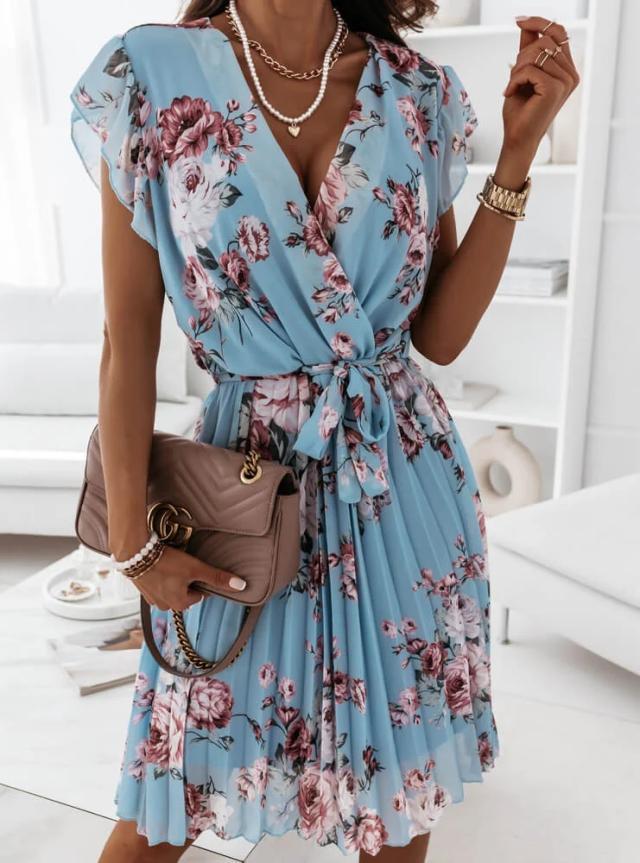 Summer New Waist Floral Pleated Dress Women