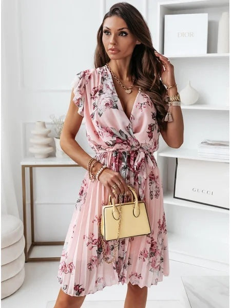 Summer New Waist Floral Pleated Dress Women