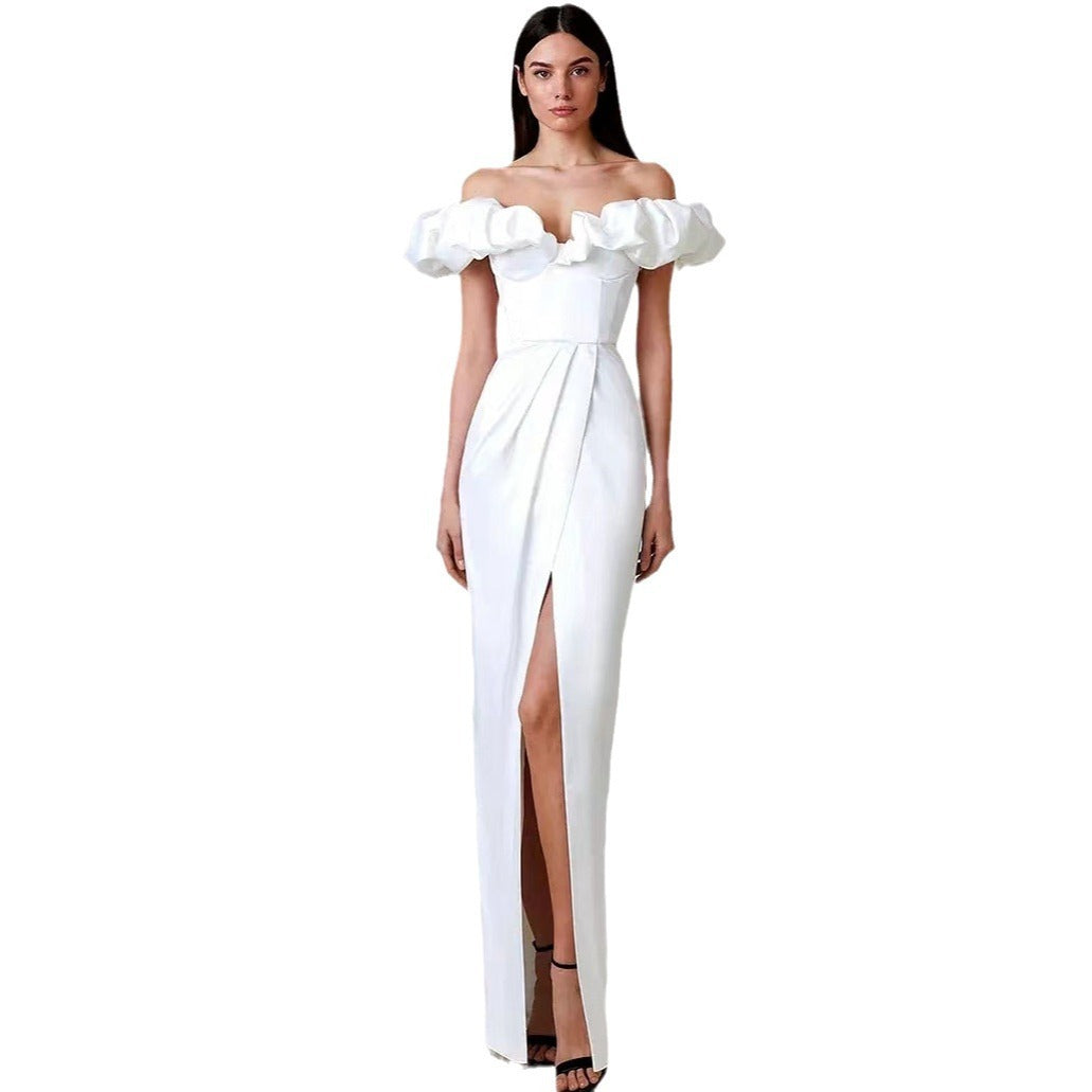 Women's High Slit Dinner Off-shoulder Tube Top Ruffled Dress