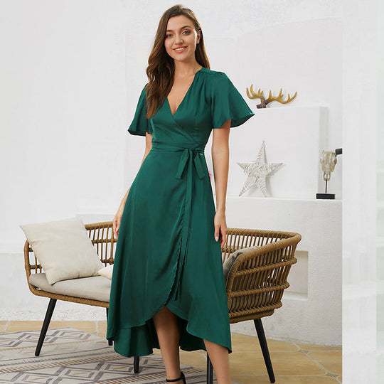 Senior Satin Asymmetric Solid Color Dress Summer Women