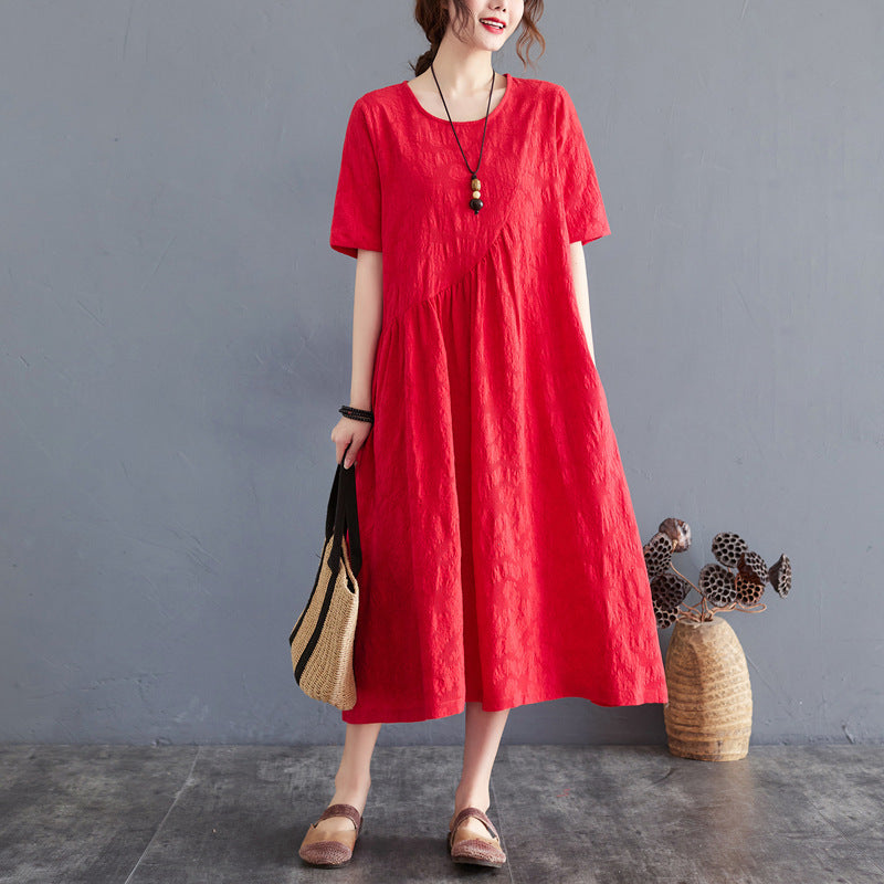 Summer New Loose And Simple Jacquard Irregular Large Size Cotton And Linen Dress For Women