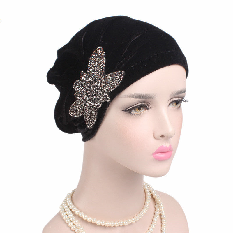 Beaded Flower Accessories Turban Hat Velvet Pleated Hood