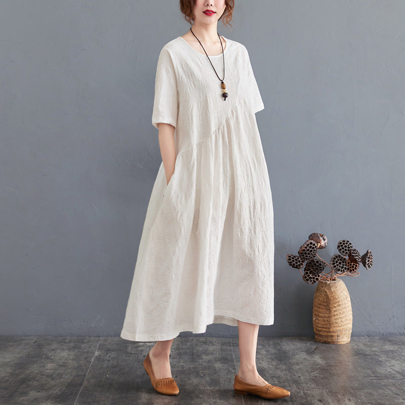 Summer New Loose And Simple Jacquard Irregular Large Size Cotton And Linen Dress For Women