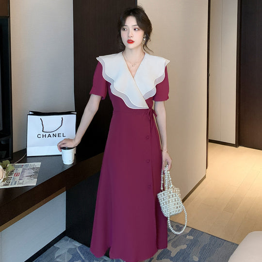 Summer New Style High Sense Temperament Waist-controlled Slimming Fairy Lady Skirt Long Lapel French Retro Dress For Women