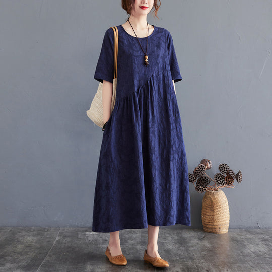 Summer New Loose And Simple Jacquard Irregular Large Size Cotton And Linen Dress For Women