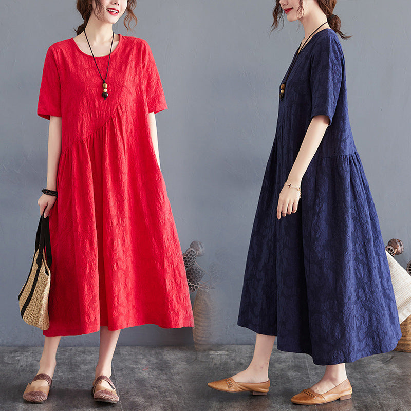 Summer New Loose And Simple Jacquard Irregular Large Size Cotton And Linen Dress For Women