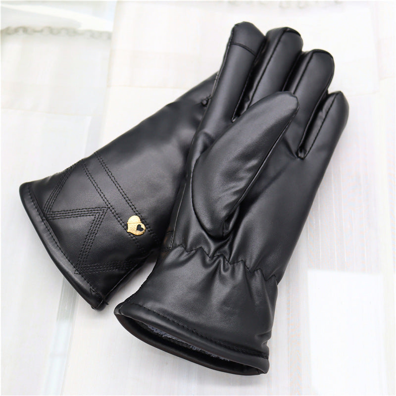 Down Cotton Fleece-lined Warm Leather Gloves Men