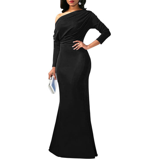 Independent Station Cross Border Elegant Sexy Oblique Shoulder Long Dinner Evening Dress