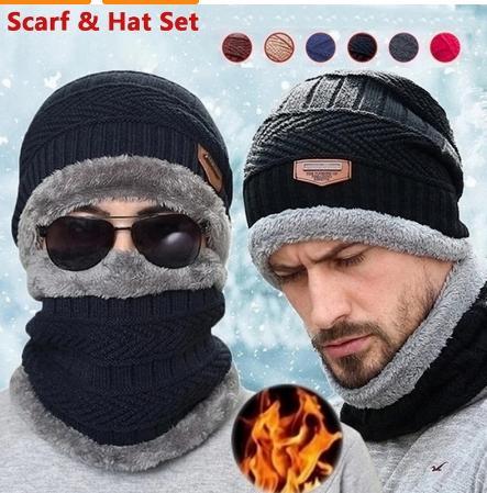 Winter Beanie Hat Scarf Set Warm Knit Hat Thick Fleece Lined Winter Hat Neck Warmer For Men Women