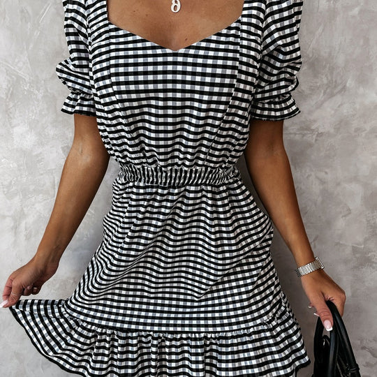 Summer Ruffled Plaid Print Short-Sleeved Dress Women