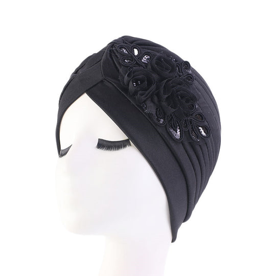 Ladies Sequin Flower Turban Toe Hat Fold