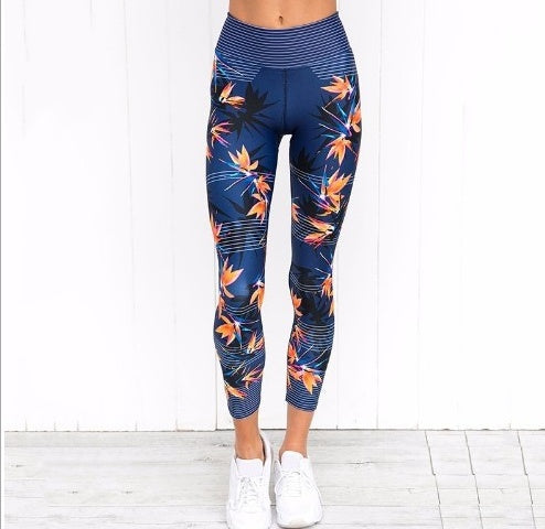 High Waist Yoga Pants Women's Fitness Sports Leggings Band Printing Elastic Gym Workout Tights S-XL Running Pants Plus Size