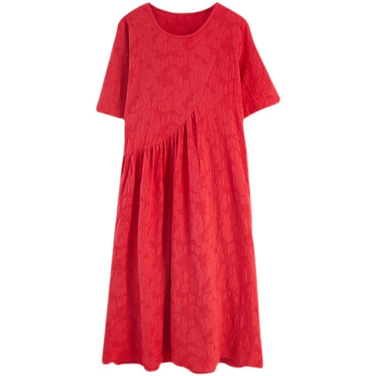 Summer New Loose And Simple Jacquard Irregular Large Size Cotton And Linen Dress For Women