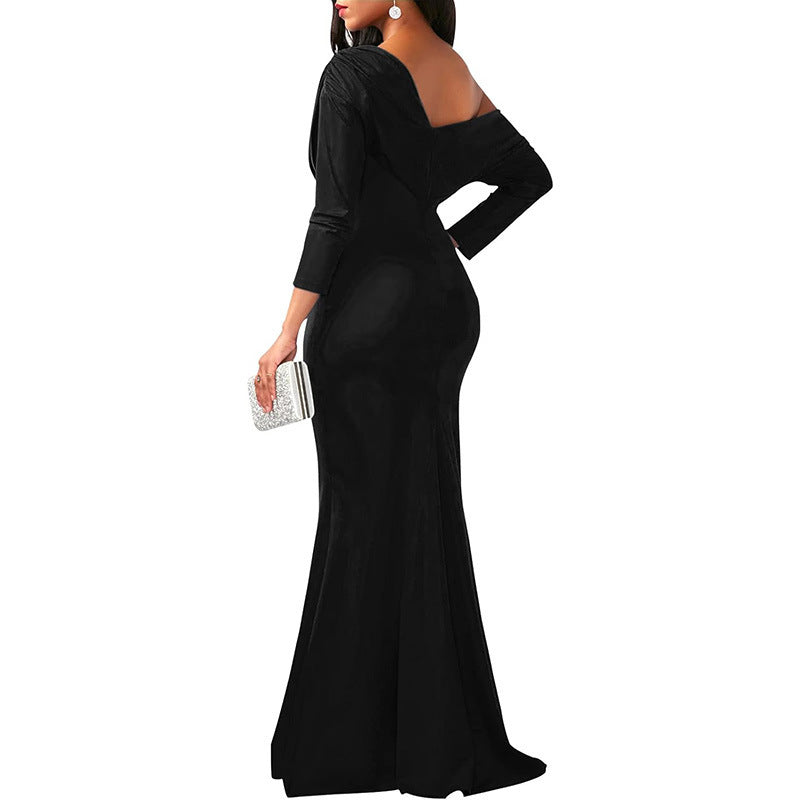 Independent Station Cross Border Elegant Sexy Oblique Shoulder Long Dinner Evening Dress