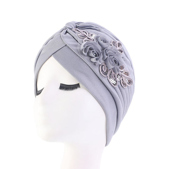 Ladies Sequin Flower Turban Toe Hat Fold