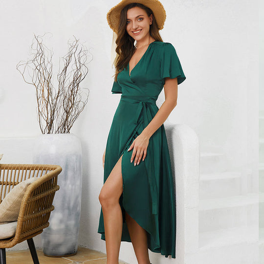 Senior Satin Asymmetric Solid Color Dress Summer Women