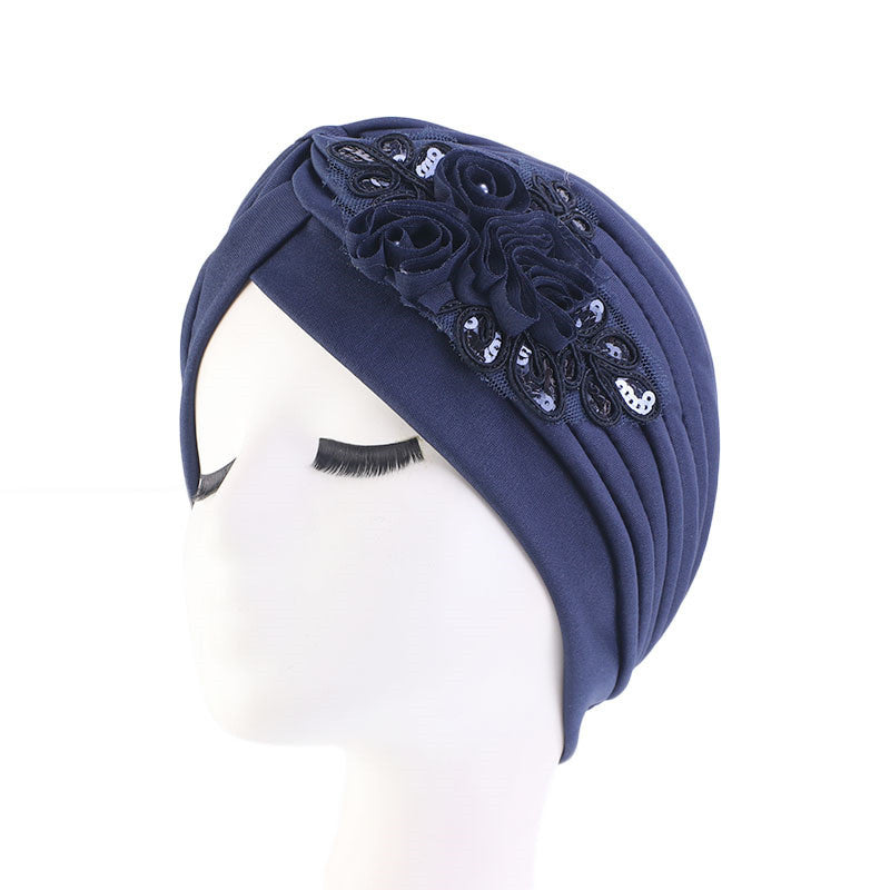 Ladies Sequin Flower Turban Toe Hat Fold