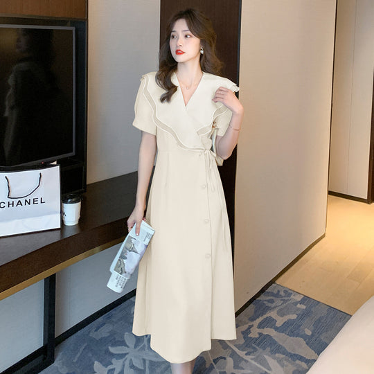 Summer New Style High Sense Temperament Waist-controlled Slimming Fairy Lady Skirt Long Lapel French Retro Dress For Women