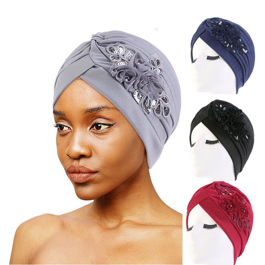 Ladies Sequin Flower Turban Toe Hat Fold