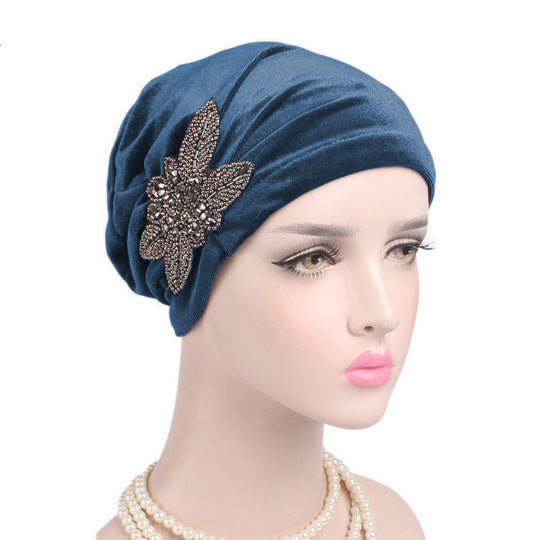 Beaded Flower Accessories Turban Hat Velvet Pleated Hood