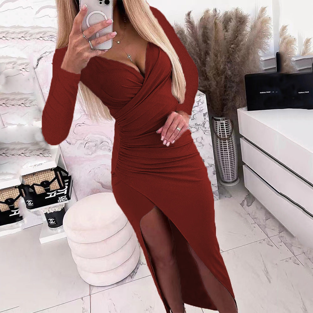 Women's Fashion Long Sleeve Shiny Long-sleeved Dinner Dress