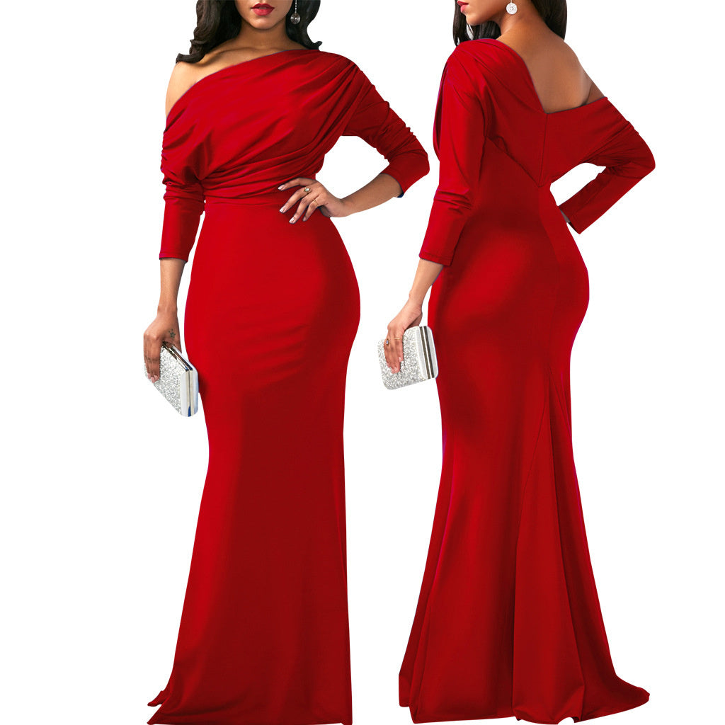 Independent Station Cross Border Elegant Sexy Oblique Shoulder Long Dinner Evening Dress