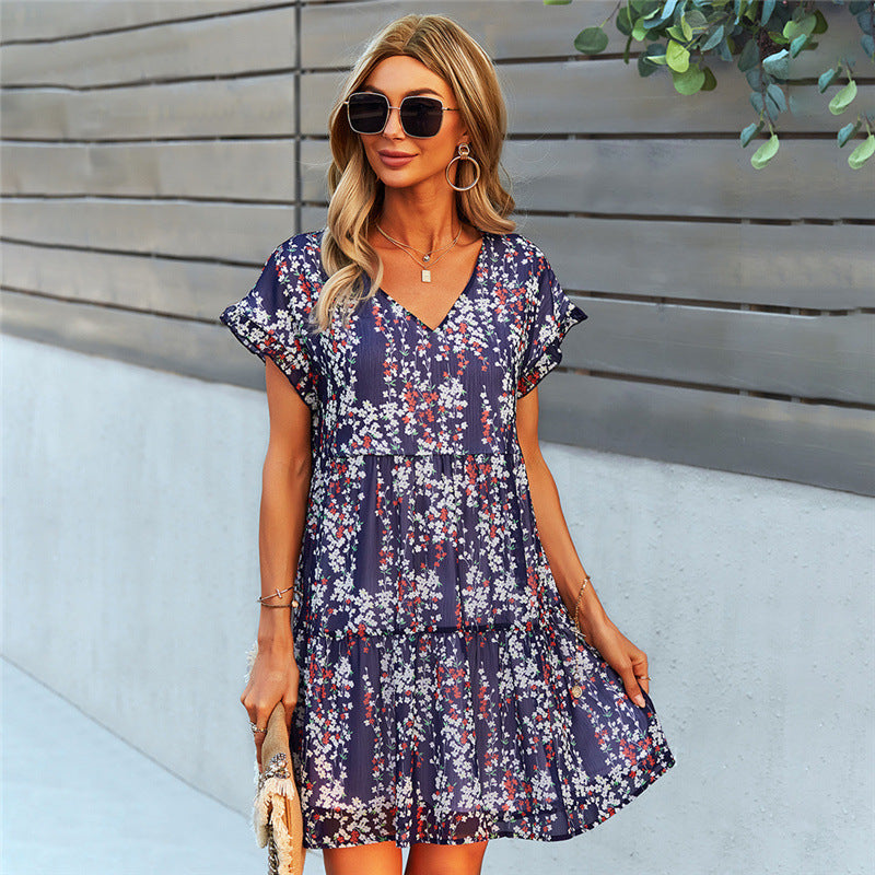 Women Ruffle Loose Short Dress Summer Chiffon Dress