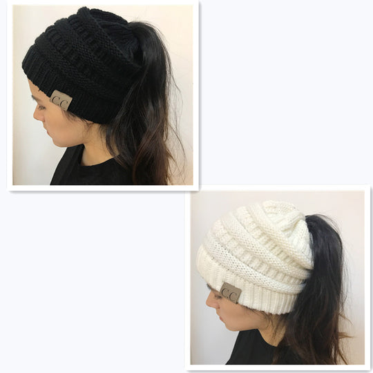 Knitted Ponytail Hat, Women's Wool Hat Fashion