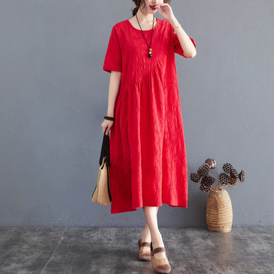 Summer New Loose And Simple Jacquard Irregular Large Size Cotton And Linen Dress For Women