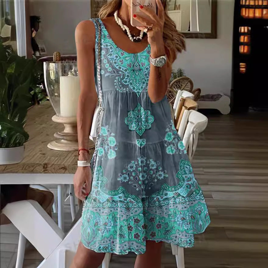 Summer Printed Sleeveless Vest Dress Holiday Floral Print Dress Women