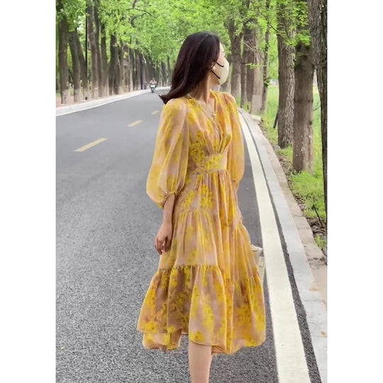 Summer And Autumn French Women Floral Dress