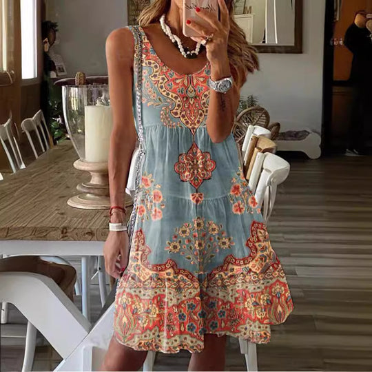 Summer Printed Sleeveless Vest Dress Holiday Floral Print Dress Women