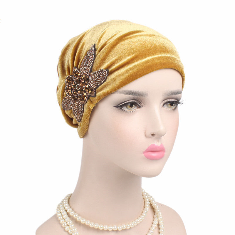 Beaded Flower Accessories Turban Hat Velvet Pleated Hood