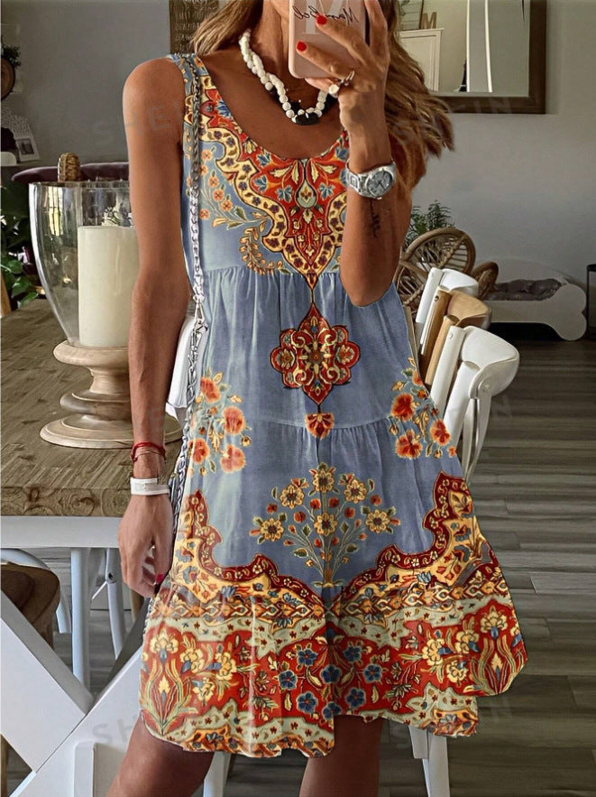 Summer Printed Sleeveless Vest Dress Holiday Floral Print Dress Women