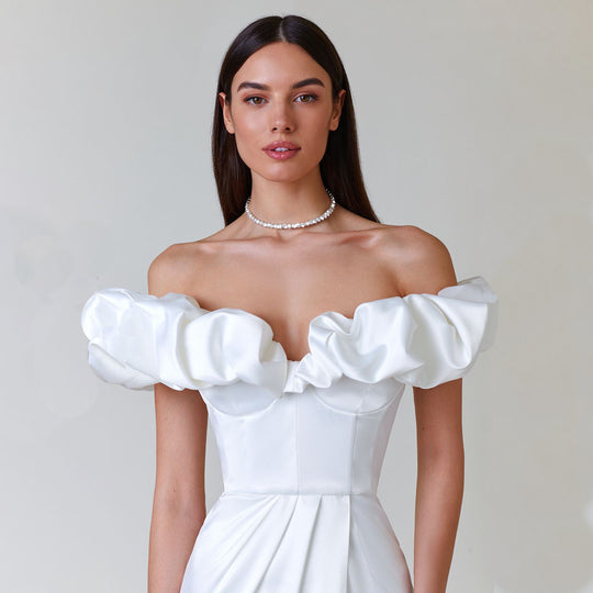 Women's High Slit Dinner Off-shoulder Tube Top Ruffled Dress